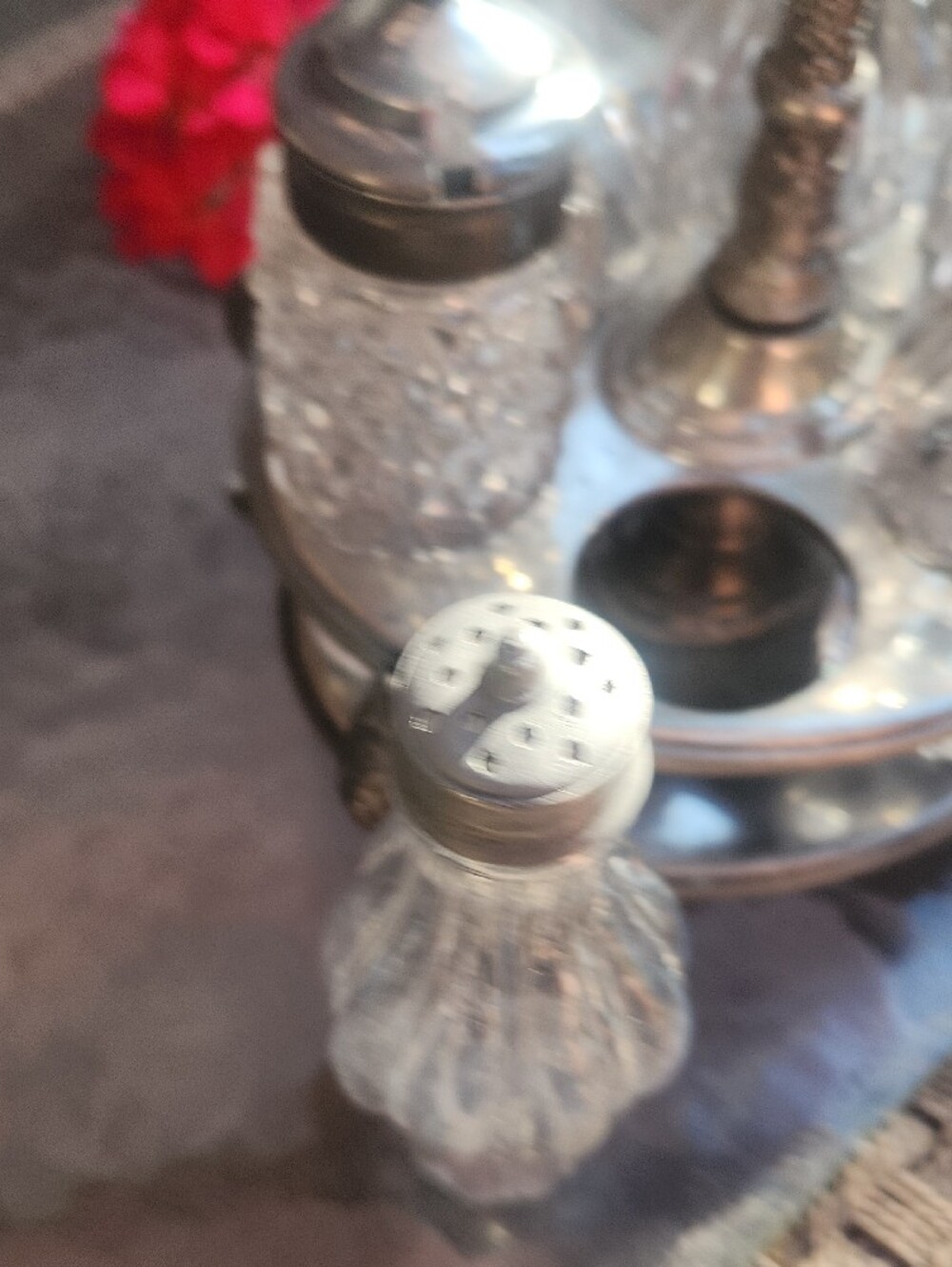 Vintage Silver Condiment Carousel with Clear Glass Bottles - Picture 6 of 16